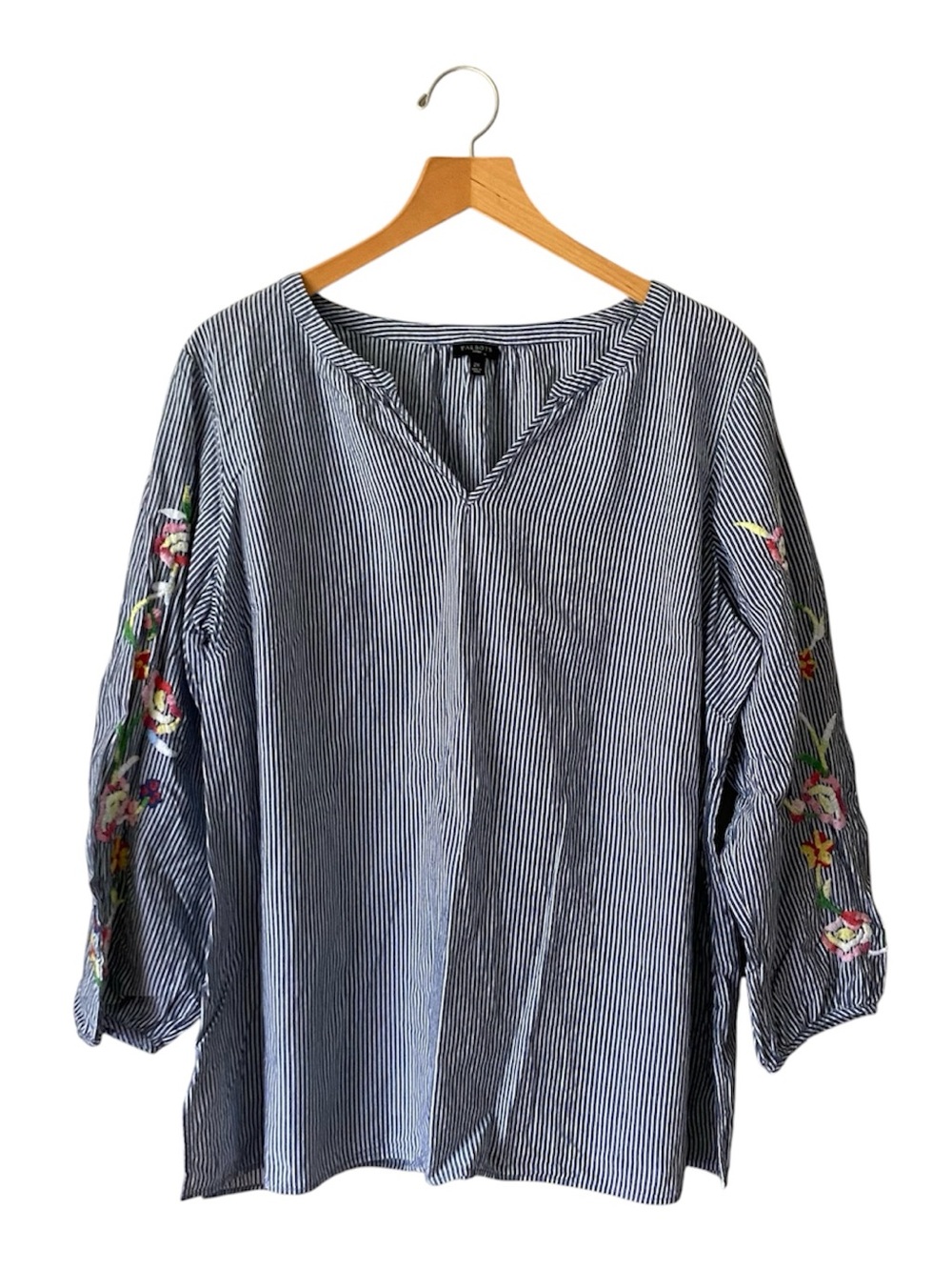 Talbots Striped Embroidered Floral V-Neck Top Size 2X Womens Long Sleeve Boho